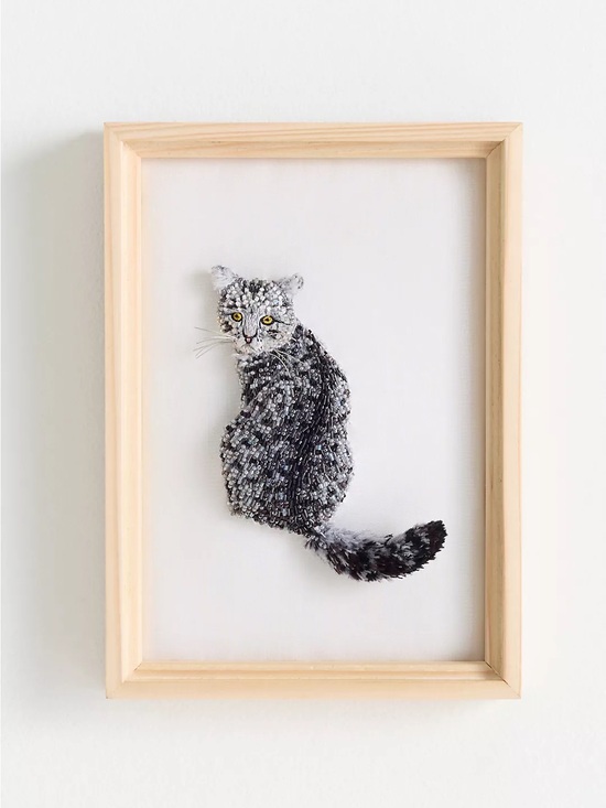 Anthropologie Other - Anthropologie Cat Beaded Wall Art Tabby Gray Black Hand Crafted Bespoke New
